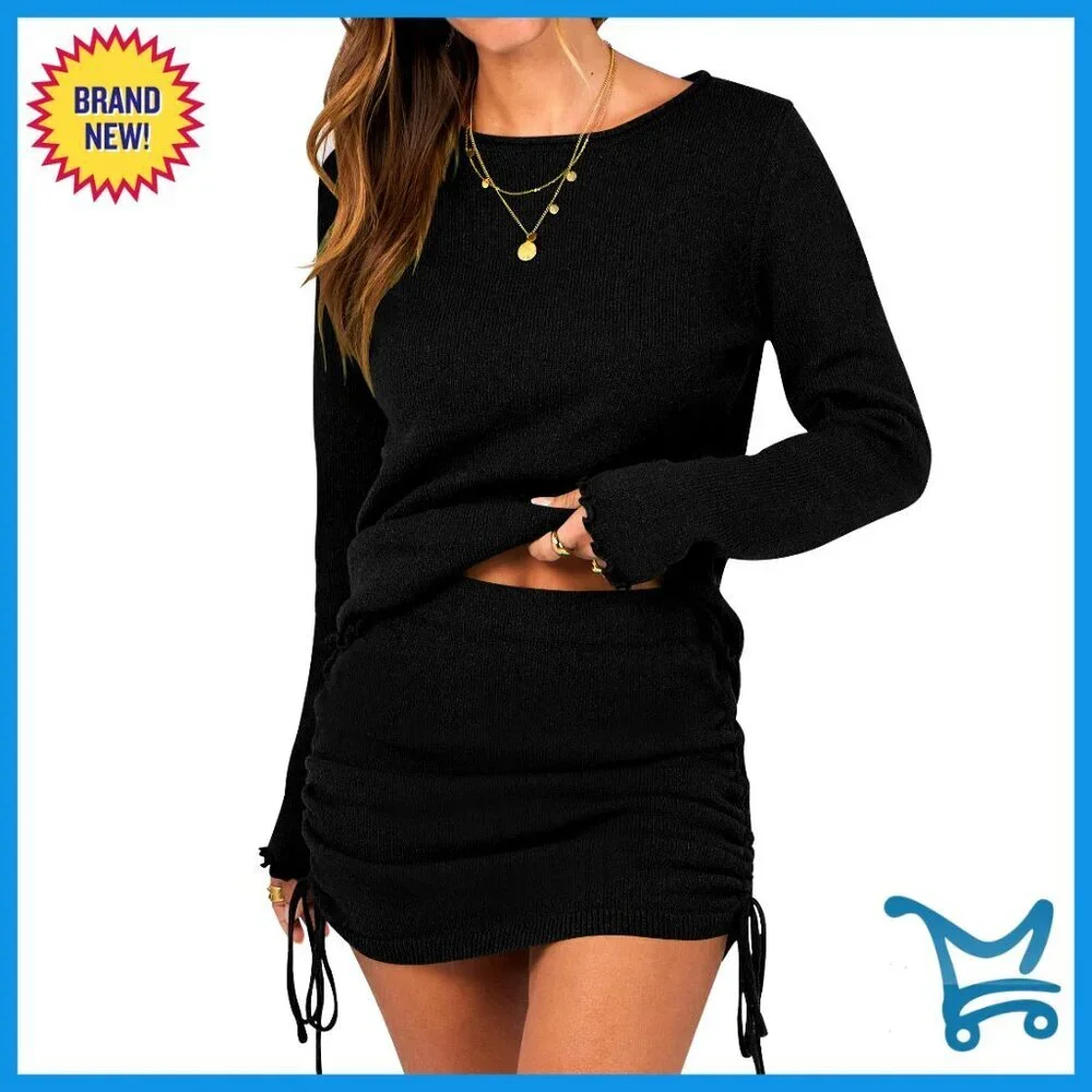 Long Sleeve Sweater Skirt Set Knitted Pullover Ruffle Hem Lounge Wear